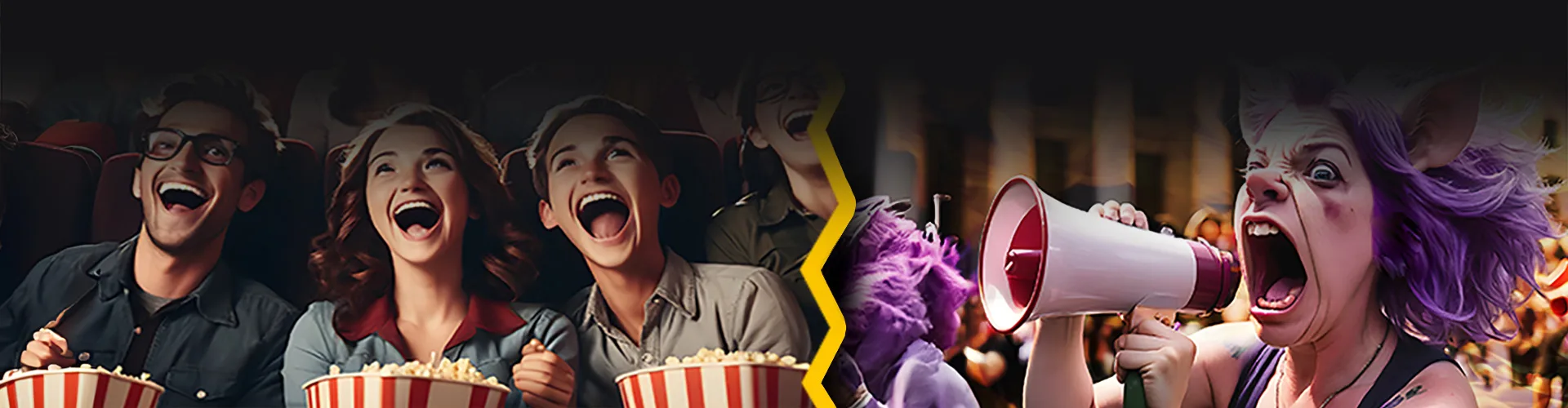 banner with happy audience enjoying popcorn on one side (worth it) and a purple haired pig woman screaming into a bull horn on the other (woke)