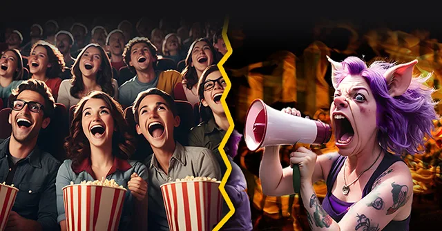 on the left is a happy group of people watching a movie at a movie theater. On the right is an angry purple haired woke karen cancel pig yelling in a bullhorn at a protest